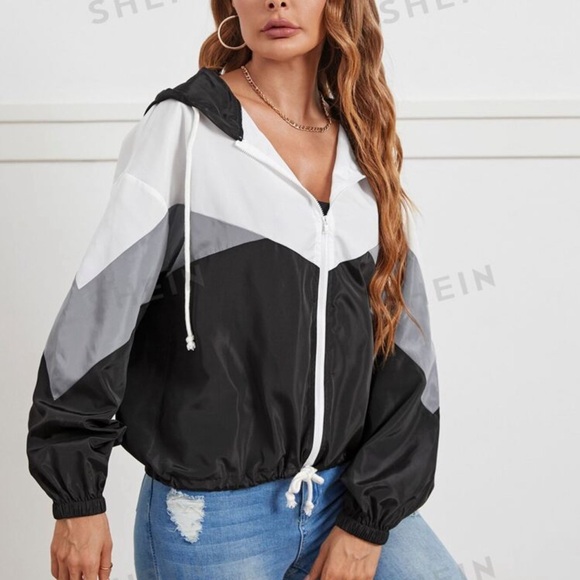 SHEIN LUNE Color Block Drawstring Hooded Wind Jacket - Picture 2 of 6